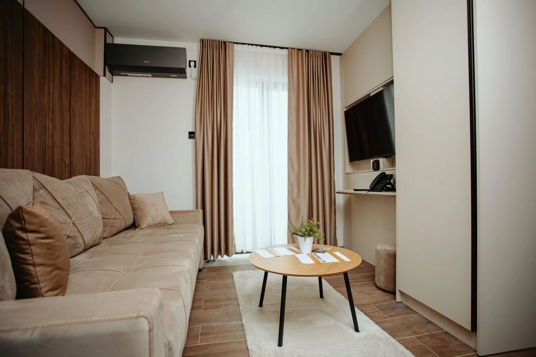 Studio apartment, sofa, coffee table and TV