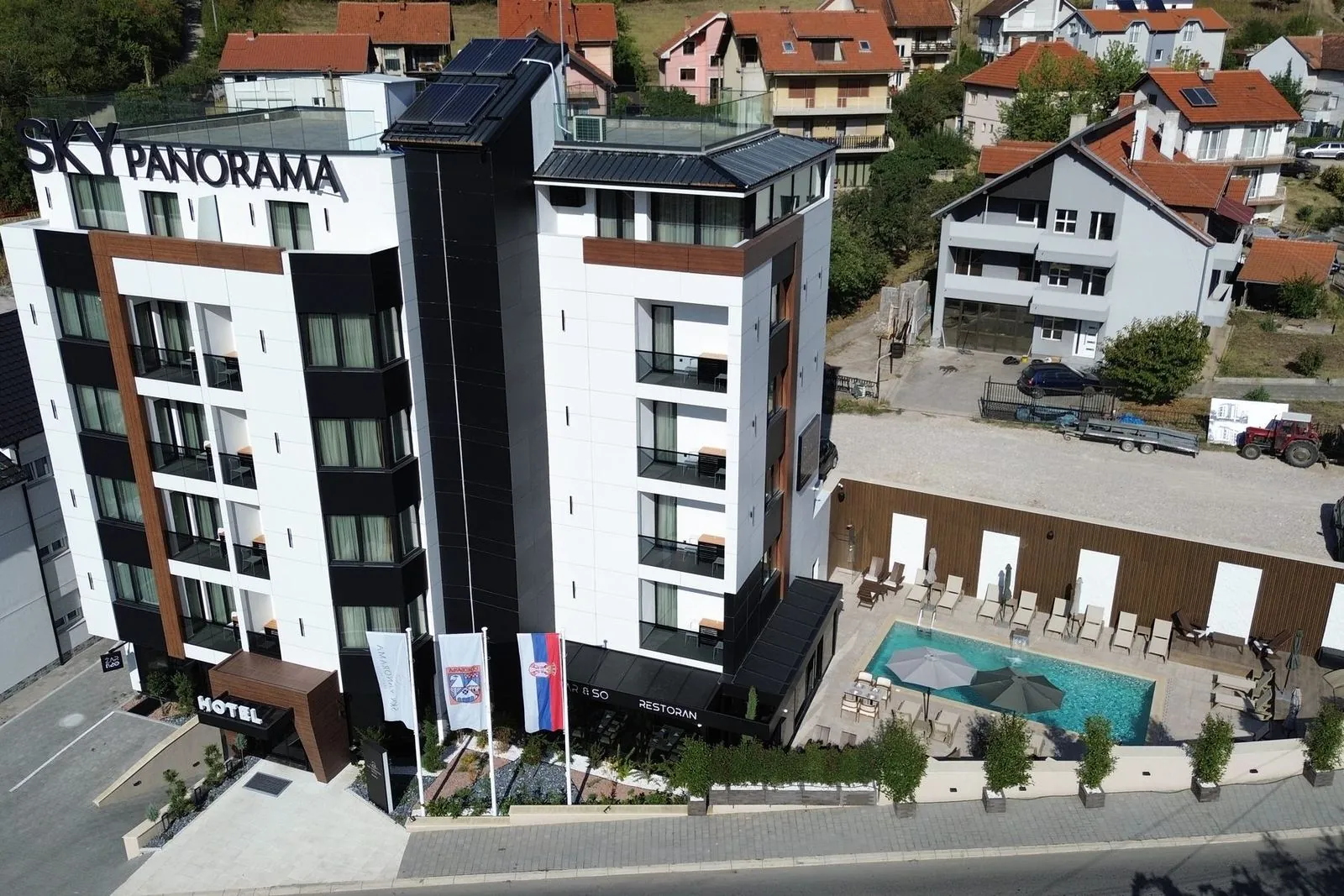 Hotel Sky Panorama and the pool from the air