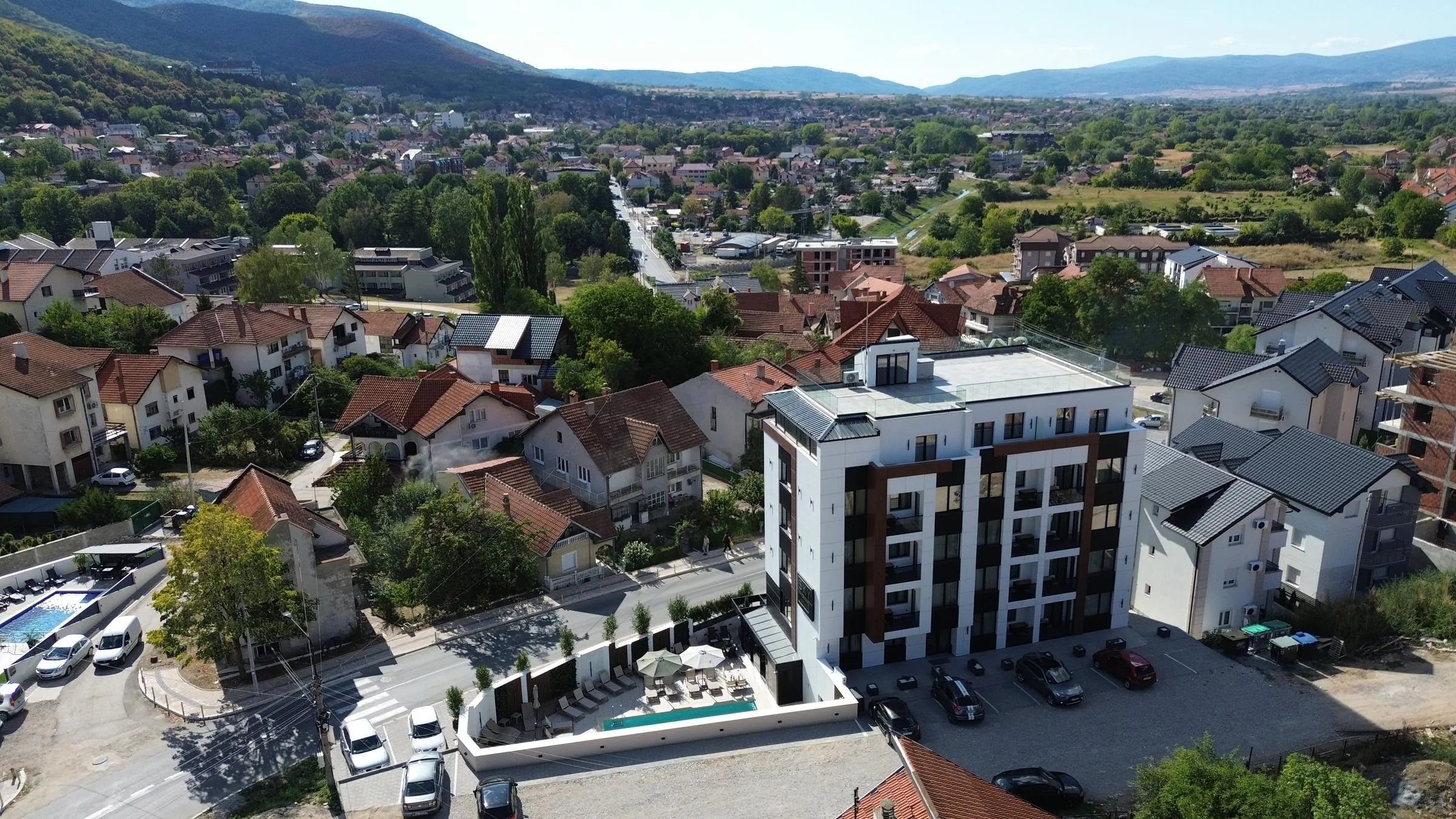 The rooftops of Sokobanja and the mountains beyond, aerial view