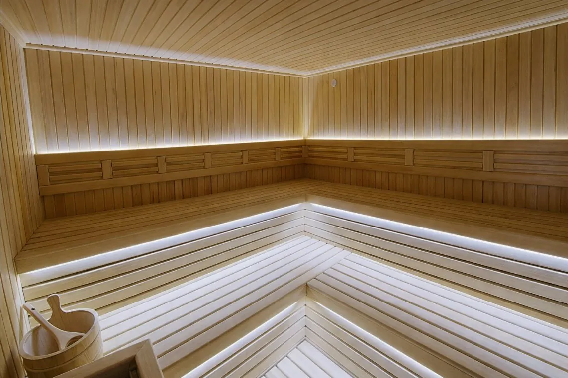 Sauna with wooden benches and LED lighting